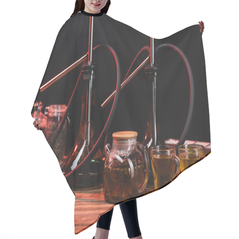 Personality  Tea In Teapot, Lime And Hookahs On Wooden Surface Isolated On Black  Hair Cutting Cape