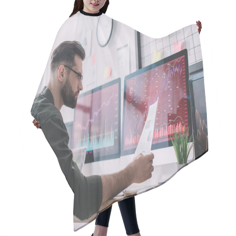 Personality  Side View Of Information Security Analyst Looking At Charts Near Graphs On Computer Monitors In Office  Hair Cutting Cape