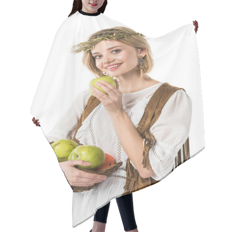 Personality  Pretty Boho Girl In Wreath With Ripe Apples Isolated On White Hair Cutting Cape