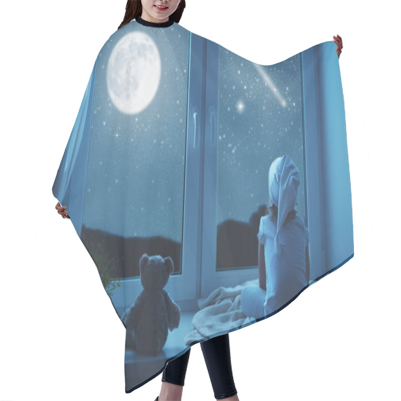 Personality  Child Little Girl At Window Dreaming And Admiring Starry Sky At  Hair Cutting Cape