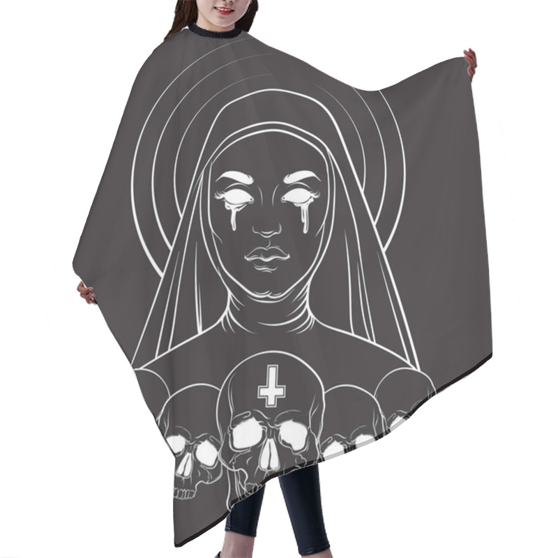 Personality  Dark Fashion Artwork With Realistic Portrait Of Sister. Hair Cutting Cape