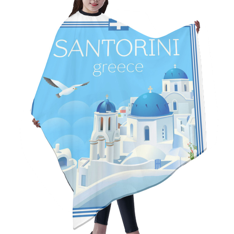 Personality  Santorini Island, Greece. Beautiful Traditional White Architecture And Greek Orthodox Churches With Blue Domes Over The Caldera, Aegean Sea. Advertising Card, Square Magnet, Flyer. Vector Illustration Hair Cutting Cape