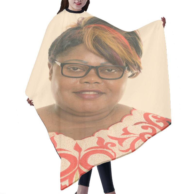 Personality  Face Of Happy Fat Black African Woman Smiling While Wearing Eyeglasses Hair Cutting Cape