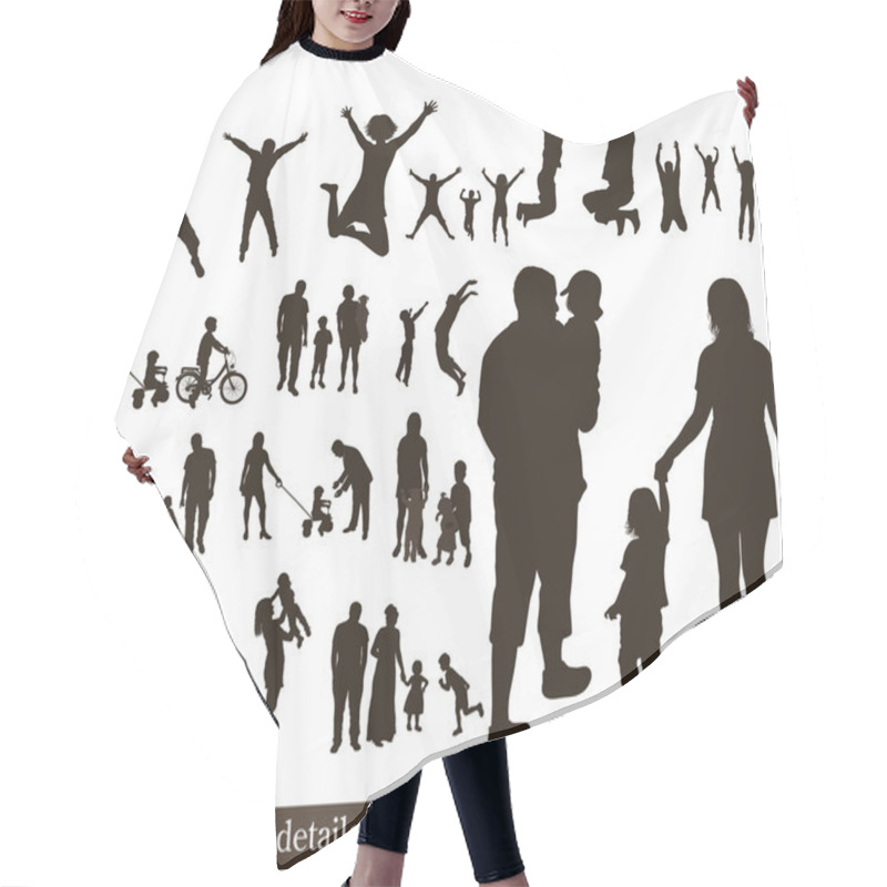 Personality  Set Of Very Detailed Family Silhouettes. Jumping And Walking. Hair Cutting Cape