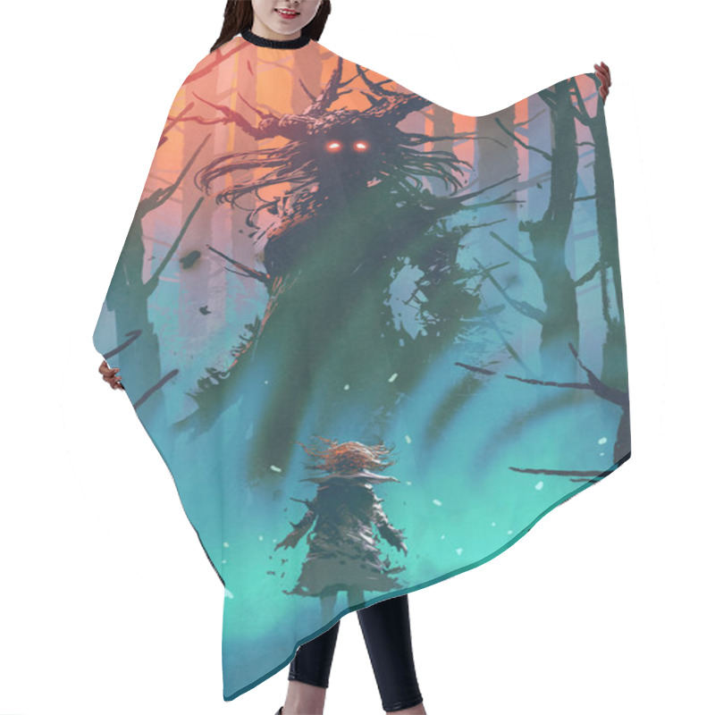 Personality  Little Girl And The Witch Looking Each Other In A Forest, Digital Art Style, Illustration Painting Hair Cutting Cape