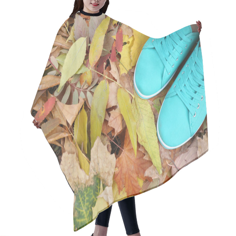 Personality  Woman In Trainers Standing On Foliage Hair Cutting Cape