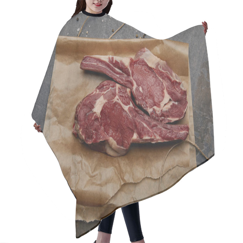 Personality  Top View Of Raw Rib Eye Steaks On Baking Paper With Spices On Grey Background Hair Cutting Cape