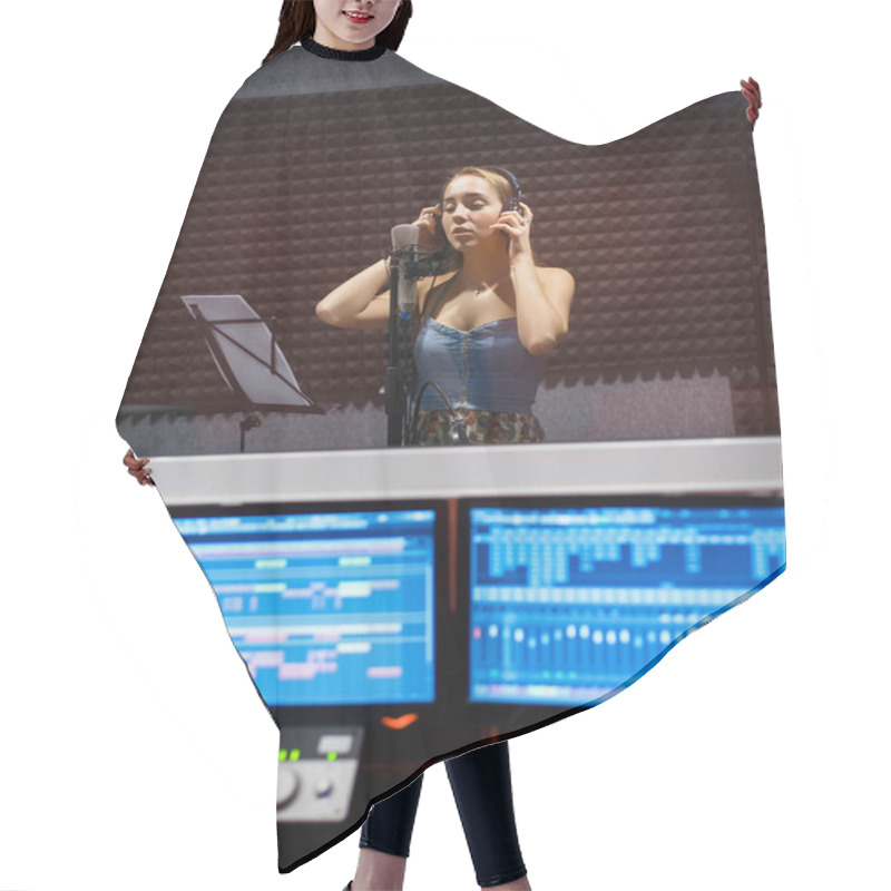 Personality  Girl Singing In Professional Studio With Mic, Headphones And Computers Hair Cutting Cape