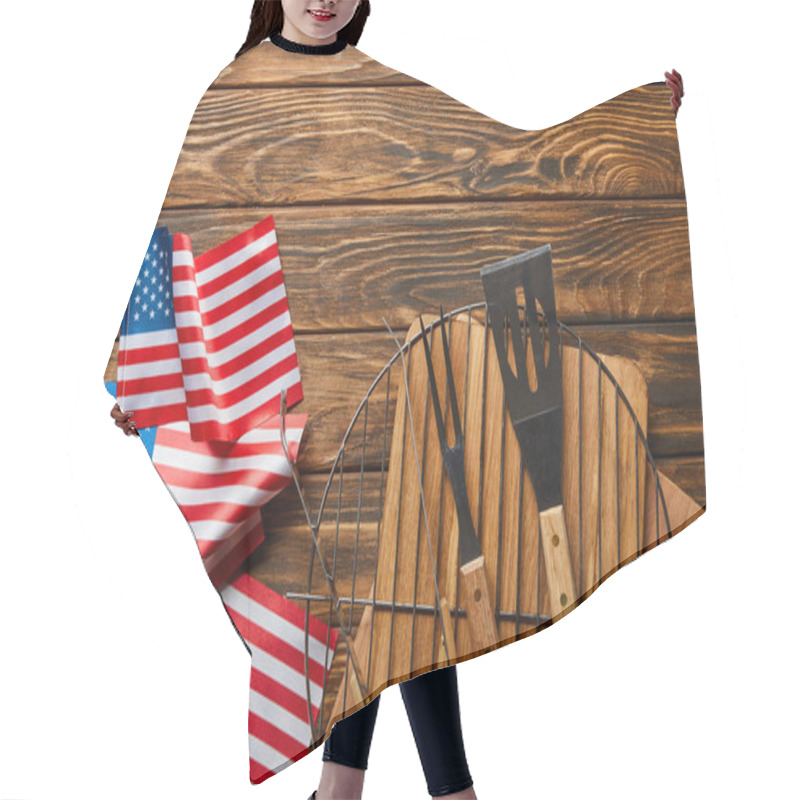 Personality  Top View Of American Flags Near Bbq Equipment On Wooden Rustic Table Hair Cutting Cape