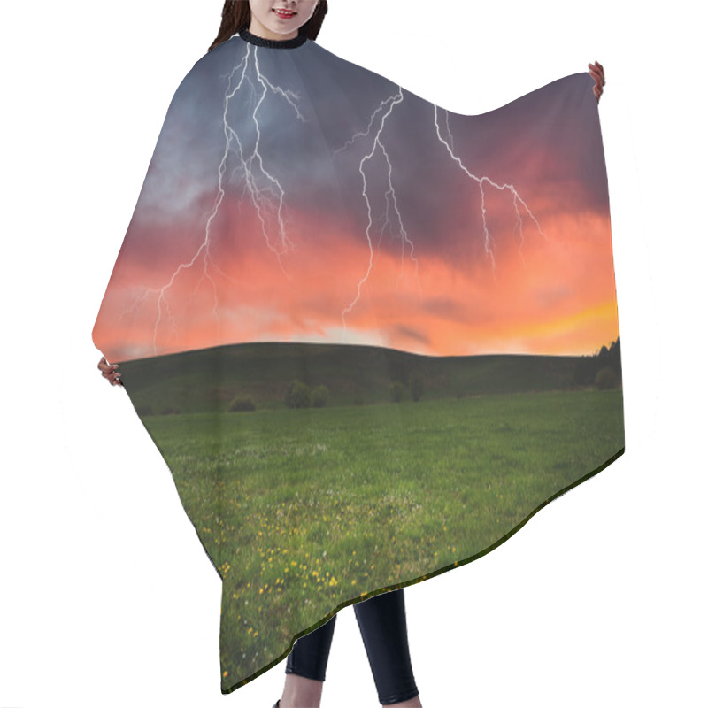 Personality  Thunderstorm With Lightning In Green Meadow Hair Cutting Cape