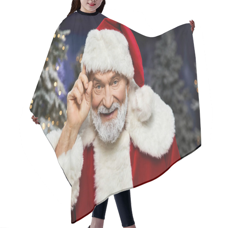 Personality  A Cheerful Santa Claus Tips His Hat While Surrounded By Magical Snow Laden Evergreen Trees. Hair Cutting Cape