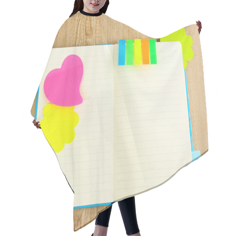 Personality  Open Note Book With Stickies On Wooden Background Hair Cutting Cape