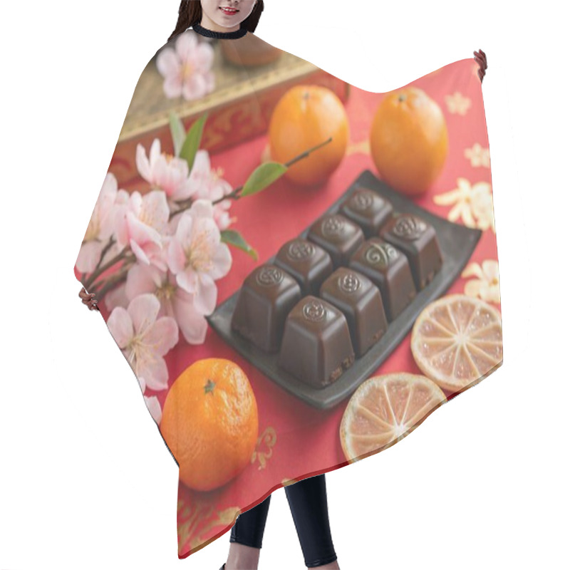 Personality  A Photo Featuring A Still Life Composition With A Variety Of Items. The Image Has A Rich Color Palette, With The Vibrant Hues Of The Oranges, The Delicate Pink Blossoms, And The Rich Brown Of The Chocolate Pieces. The Tablecloth Beneath Has A Traditi Hair Cutting Cape