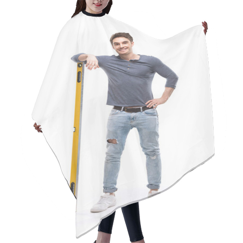 Personality  Man Holding Building Level Hair Cutting Cape