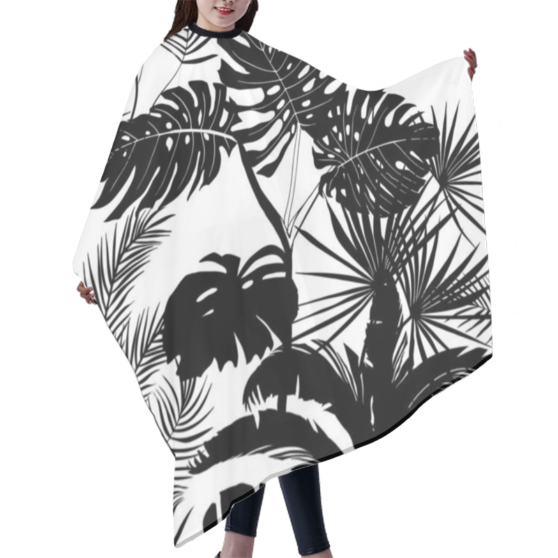 Personality  Black And White Seamless Pattern Of Tropical Plant Silhouettes: Palm Leaves, Monstera, Banana Palm Hair Cutting Cape