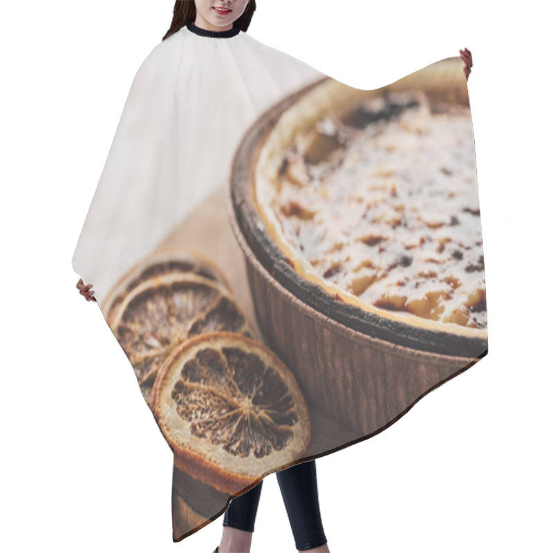 Personality  Delicious Flan Cake With Caramel And Citrus Slices On Wooden Board Hair Cutting Cape