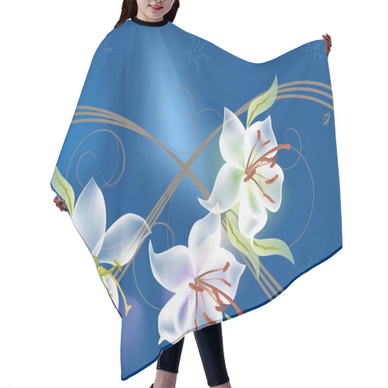 Personality  Three White Lily Flowers On Blue Hair Cutting Cape