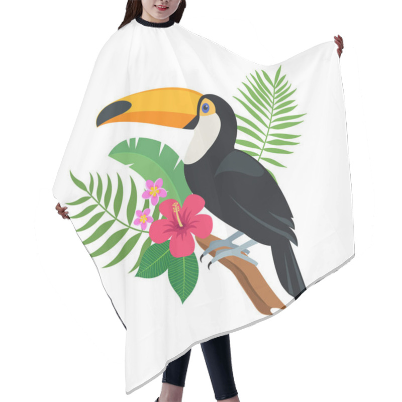 Personality  Cute Toucan Bird Sitting On A Tropical Branch With Exotic Leaves And Flowers Of Hibiscus And Plumeria. Bright Colorful Vector Illustration In Cartoon Style Hair Cutting Cape