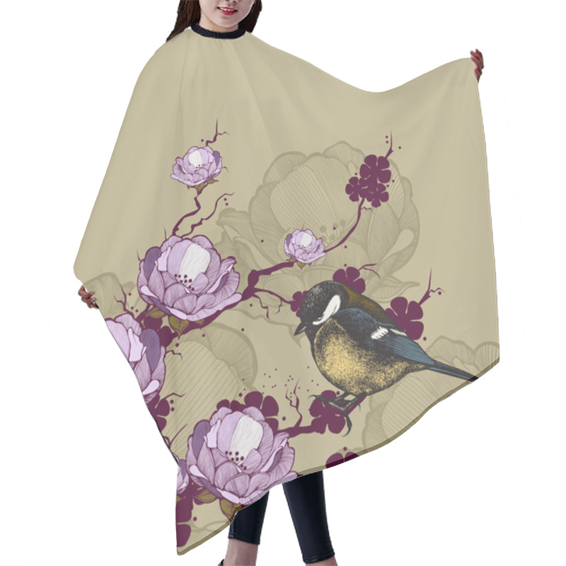 Personality  Background With Flowering Branch And Bird Titmouse, Hand-drawing Hair Cutting Cape