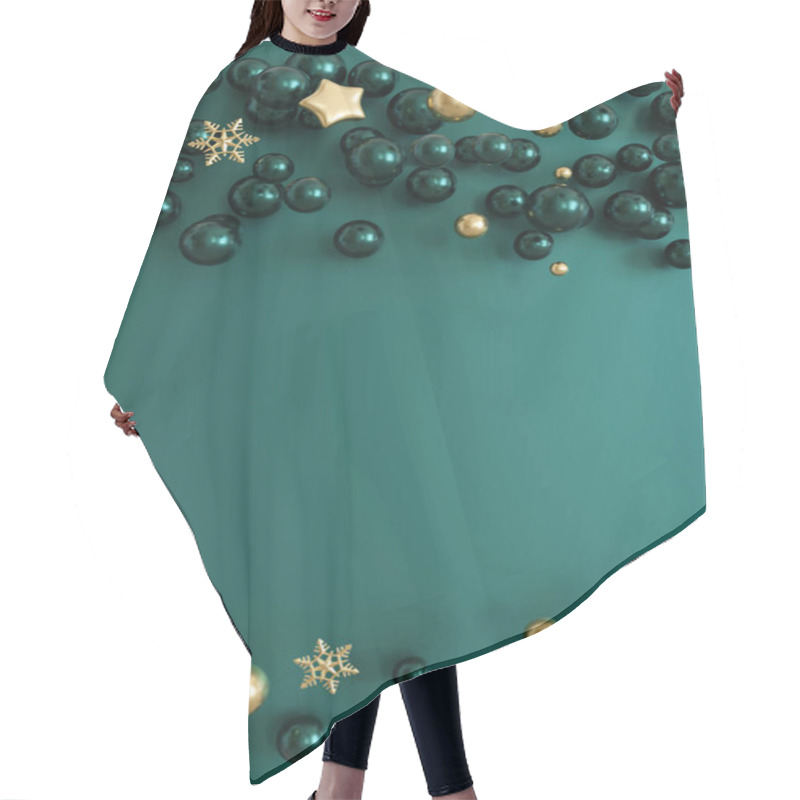 Personality  Vertical Christmas Background With Space For Text, Featuring A Sophisticated Array Of Teal And Gold Baubles With Golden Snowflakes And Stars On A Deep Teal Surface, Perfect For Festive Designs. 3D Hair Cutting Cape