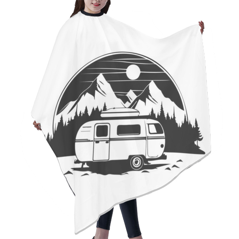 Personality  Camper Camp Camping Site With Mountains And Tree, Camping In The Woods, Campsite With Trailer Landscape In Retro Style Hair Cutting Cape