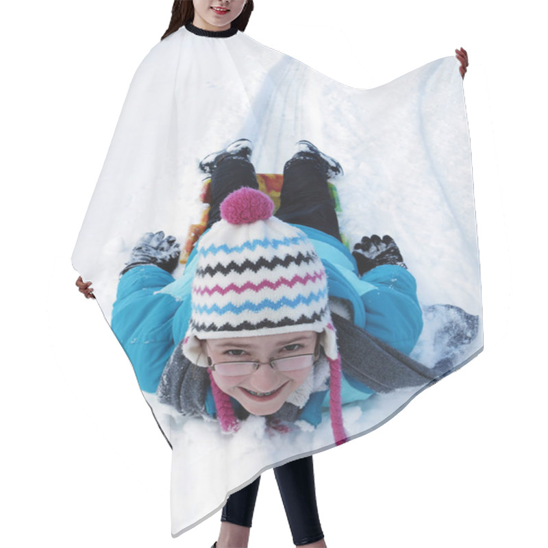 Personality  Little Girl Sledding Down Snow Hill On Sled Fast Speed Hair Cutting Cape