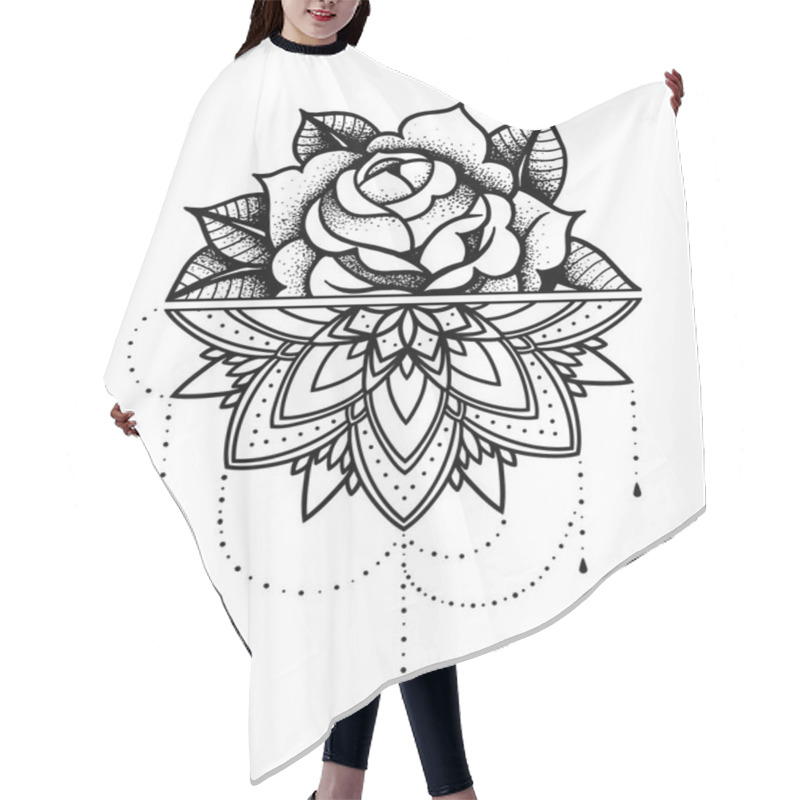 Personality  Rose Tattoo, Mystic Symbol. Flower With String Of Beads. Flower Mandala. Hair Cutting Cape