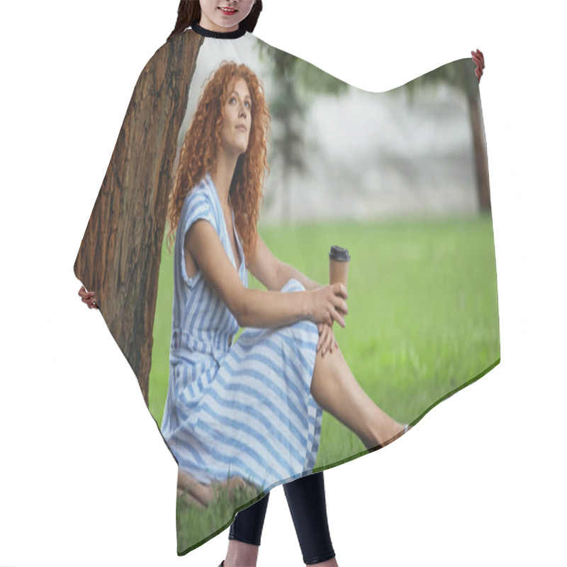 Personality  Dreamy Redhead Woman In Blue Dress Sitting Under Tree Trunk And Holding Coffee To Go  Hair Cutting Cape