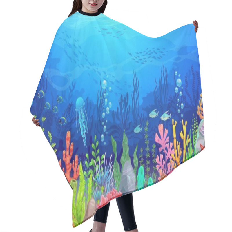 Personality  Sea Underwater Landscape With Cartoon Seaweeds And Corals, Undersea Or Ocean Vector Background. Fish Shoals, Jellyfish And Starfish In Tropical Coral Reef, Ocean World And Underwater Marine Landscape Hair Cutting Cape