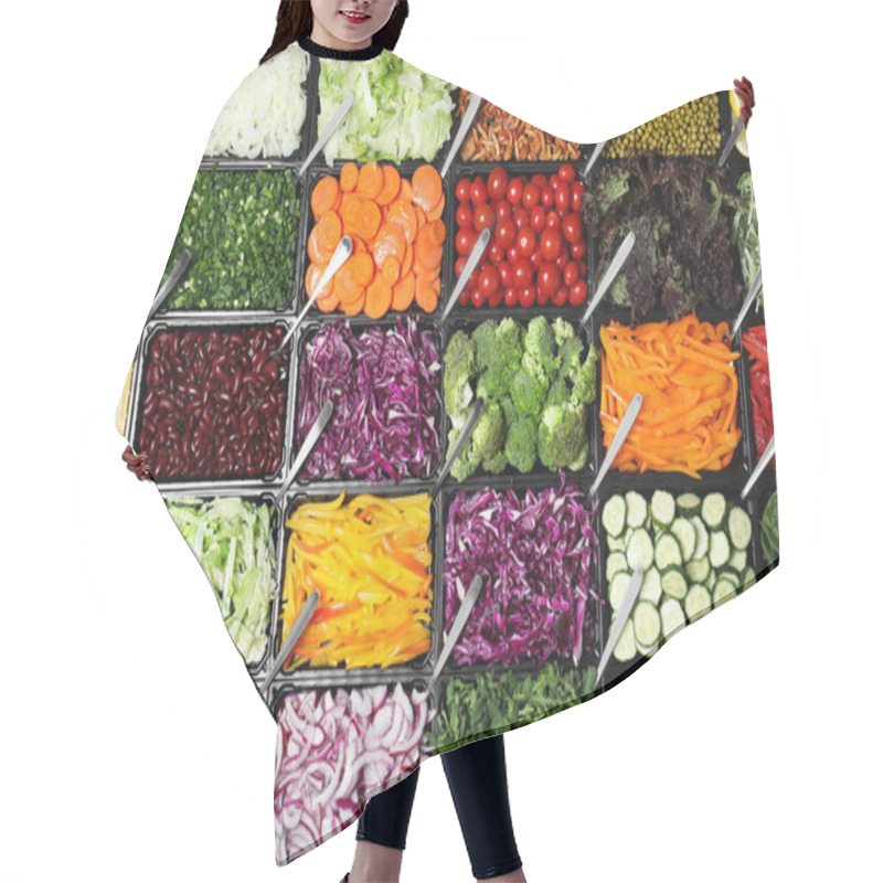 Personality  Salad Bar With Different Fresh Ingredients As Background, Top View Hair Cutting Cape