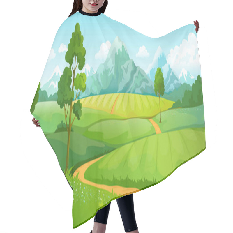 Personality  Summer Mountains Landscape. Cartoon Nature Green Hills Scene With Blue Sky Trees And Clouds. Vector Rural Countryside Background Hair Cutting Cape