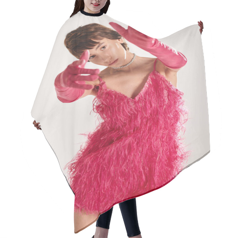 Personality  A Fashionable Young Woman Poses In A Pink Dress And Gloves On A Vibrant Backdrop. Hair Cutting Cape