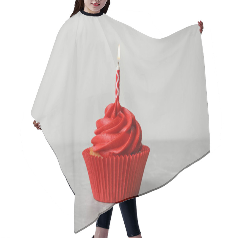 Personality  Delicious Birthday Cupcake With Cream And Burning Candle On Marble Table Hair Cutting Cape