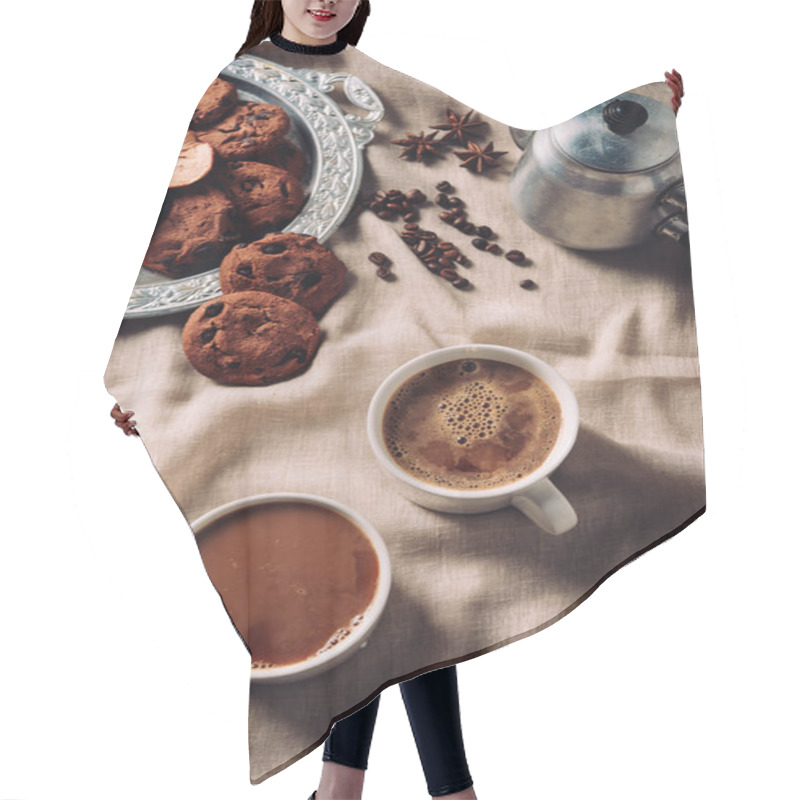 Personality  Top View Of Cups Of Fresh Coffee With Chocolate Chip Cookies And Vintage Metal Pot On Beige Cloth Hair Cutting Cape