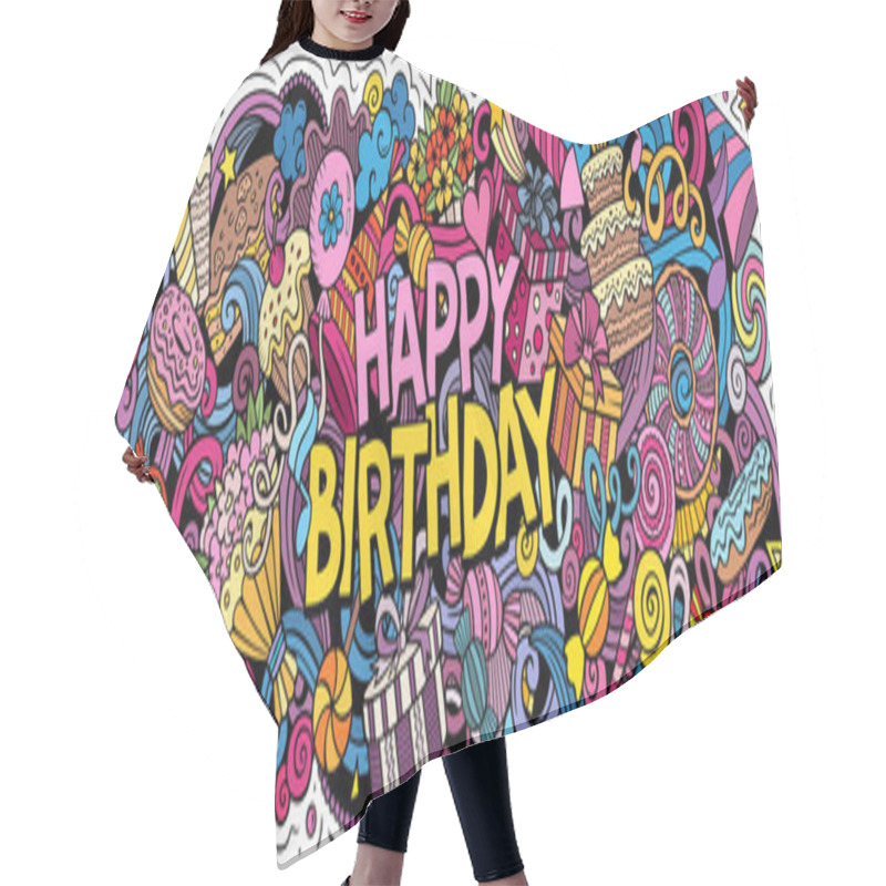 Personality  Happy Birthday Hand Drawn Cartoon Doodle Illustration. Funny Holiday Design. Hair Cutting Cape