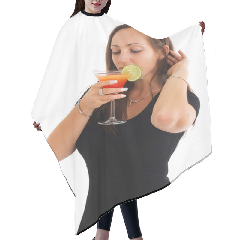 Personality  Woman Enjoying Exotic Drink Hair Cutting Cape