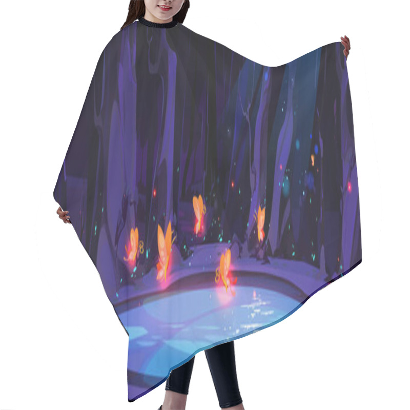 Personality  Fireflies On Swamp In Forest Cartoon Vector Illustration. Magic Glowing Butterflies Flying Under Water Lake Surrounded By Trees And Plants. Purple Fantasy Background With Luminescent Glowworm. Hair Cutting Cape