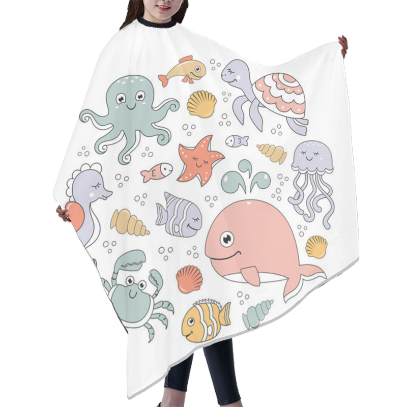 Personality  Ocean Set With Cute Sea Animals. Under The Sea Round Pattern Hair Cutting Cape