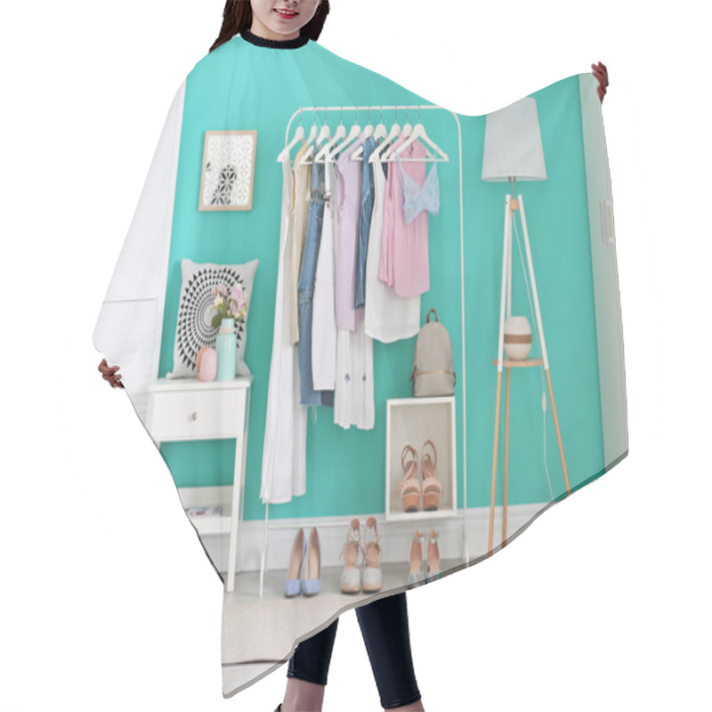 Personality  Stylish Dressing Room Interior With Clothes Rack Hair Cutting Cape