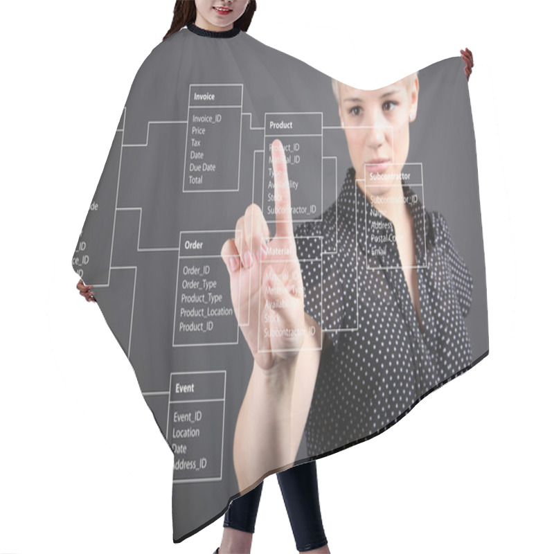 Personality  Database Table - Technical Concept, Girl Pointing Screen Hair Cutting Cape