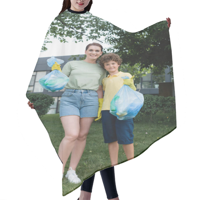 Personality  Cheerful Woman Hugging Son With Trash Bag Showing Like Outdoors  Hair Cutting Cape