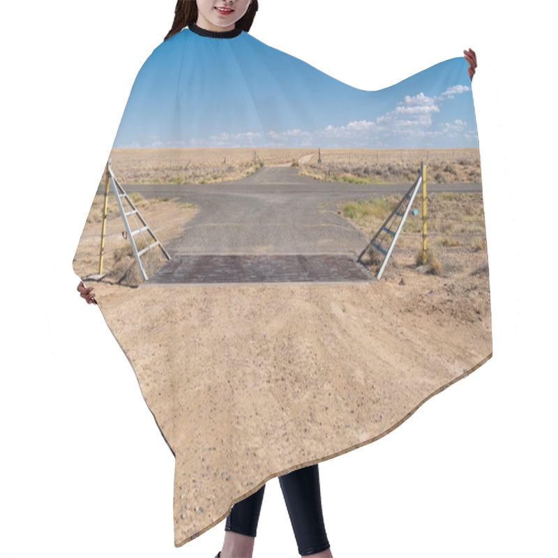 Personality  Loney Desert Farmland Road In New Mexico, Featuring A Cattle Guard On The Dirt Gravel Road Hair Cutting Cape