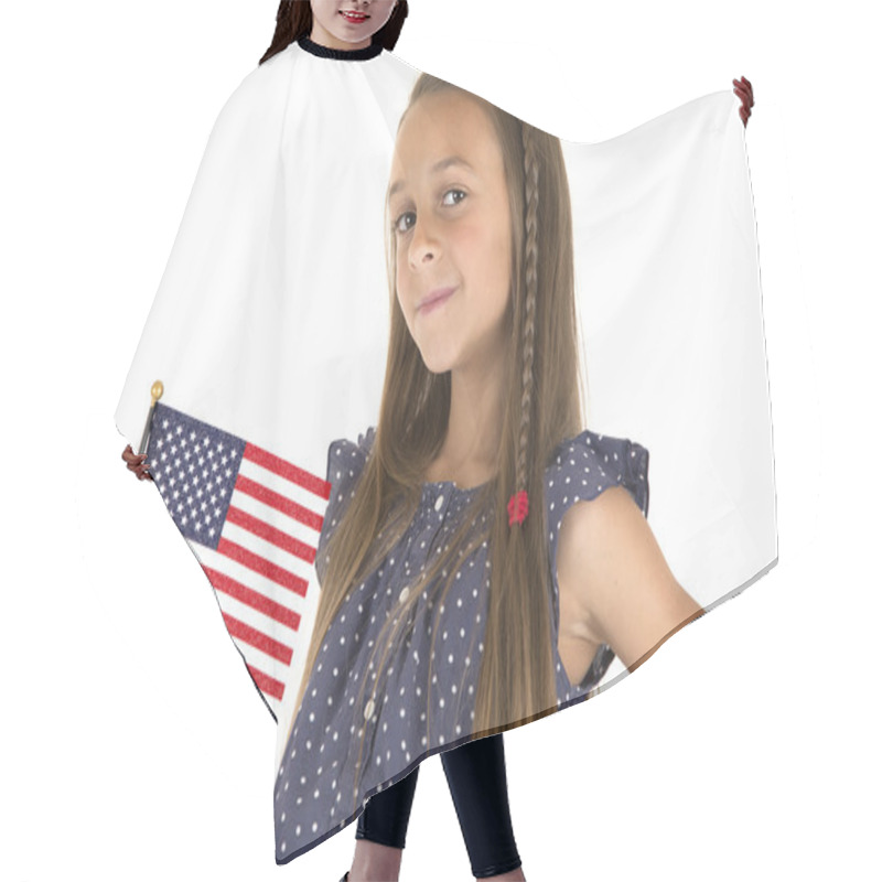 Personality  Cute Brunette Girl Holding An American Flag Smiling Hair Cutting Cape