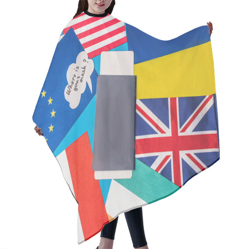 Personality  Top View Of Passport, Air Ticket Near Speech Bubble With Where Is Your Mask Lettering And Flags Of Countries On Blue Surface Hair Cutting Cape