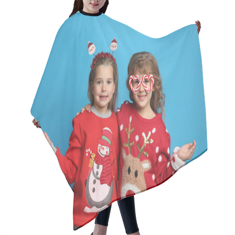 Personality  Kids In Christmas Sweaters And Festive Accessories On Blue Background Hair Cutting Cape