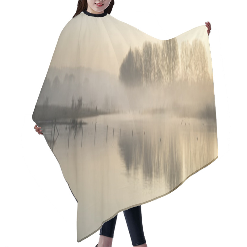 Personality  Panorama Landscape Of Lake In Mist With Sun Glow At Sunrise Hair Cutting Cape