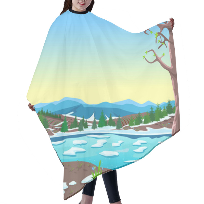 Personality  Spring Landscape With Big Trees, River, Forest, Melting Snow And First Flowers. Ice Drift On The River. Beautiful Spring Background Illustration. Vector Hair Cutting Cape