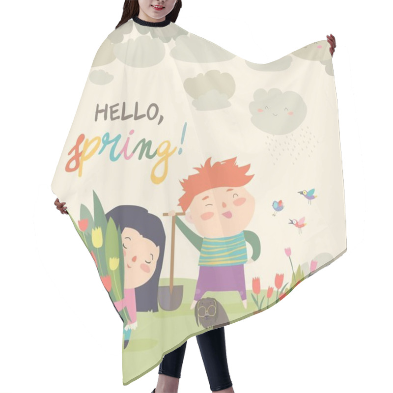 Personality  Cute Cartoon Boy And Girl With Spring Flowers Hair Cutting Cape