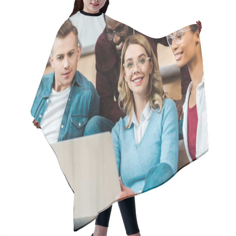 Personality  Smiling Multicultural Students With Laptop In Lecture Hall Hair Cutting Cape