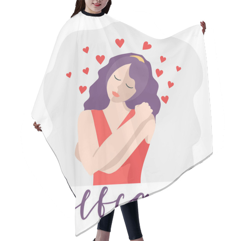 Personality  Women Self Care Concept. Love Yourself. Love Your Body Concept. Take Time For Your Self. Love Concept Of Yourself Body Vector Illustration. Happy Woman Hugging Herself With Enjoying Emotions Isolated. Hair Cutting Cape